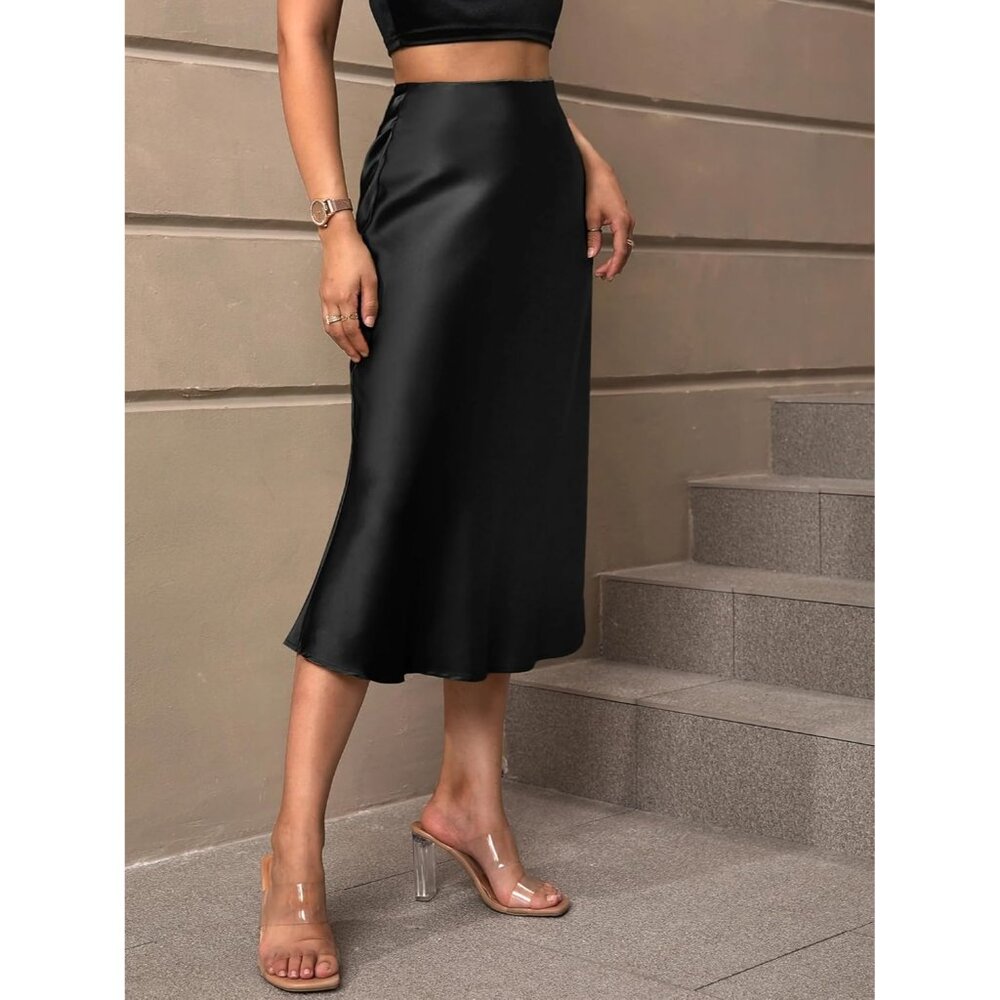 Women's Black Satin Elegant Fishtail Silk A Line Casual luxurious Midi Skirt - Picture 4 of 6